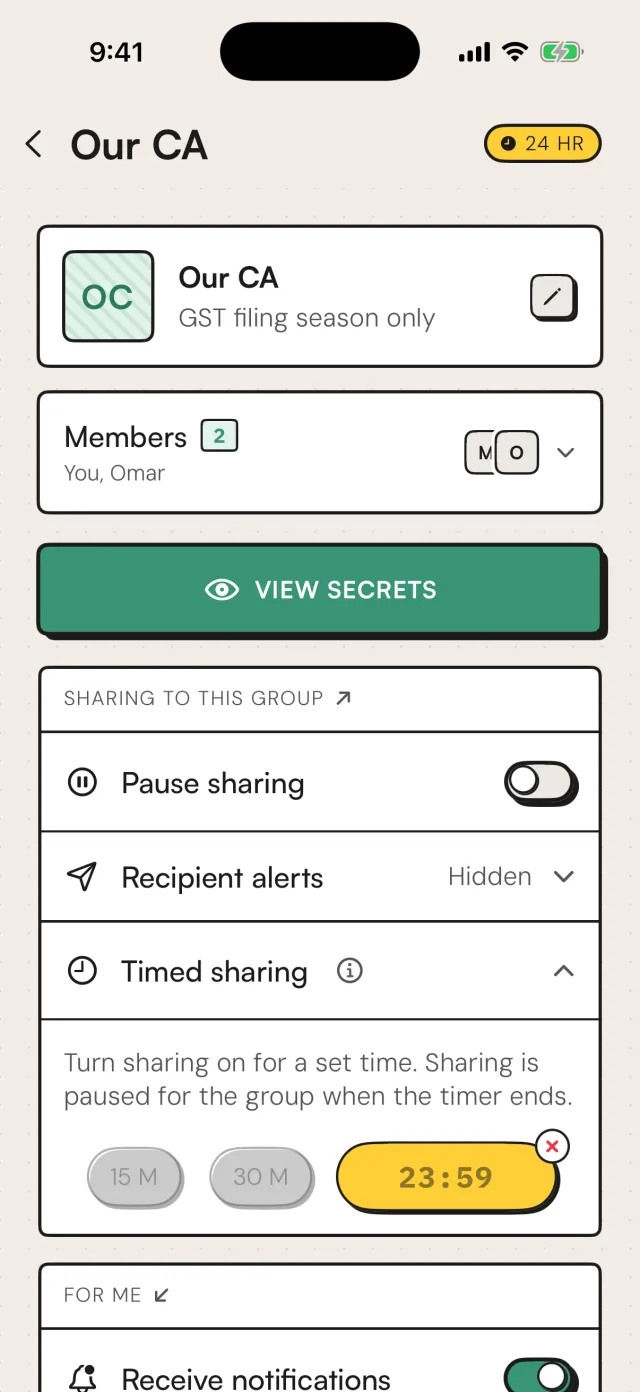 The Our CA circle with timed sharing running, 23:59 left on a 24 hour timer