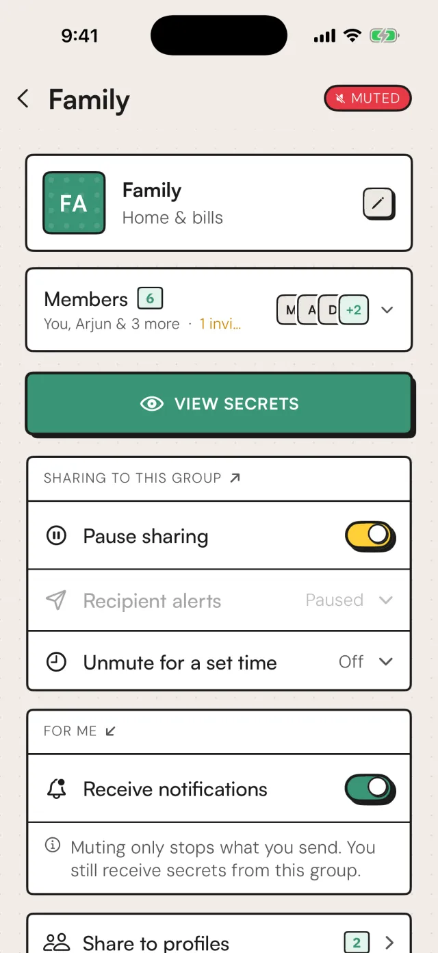 The Family circle muted: the pause sharing switch is on and the header shows a MUTED badge