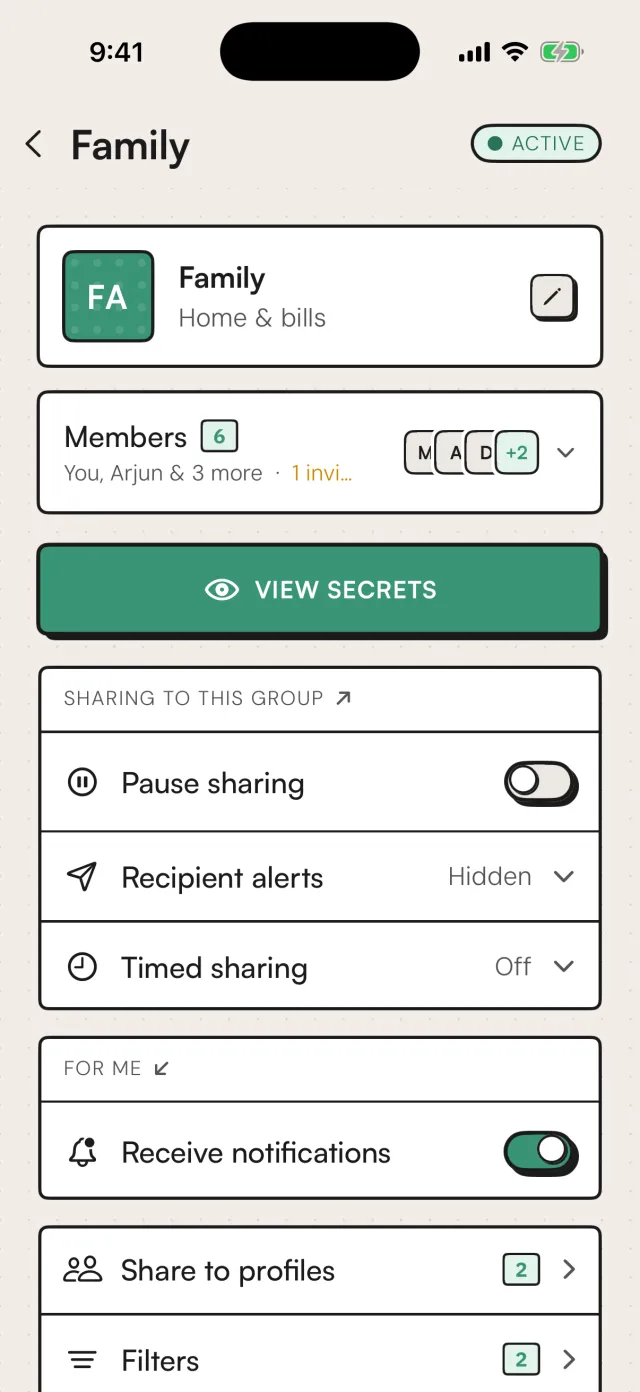 The Family circle in Authoryx: six members including Arjun, sharing active, and a View Secrets button