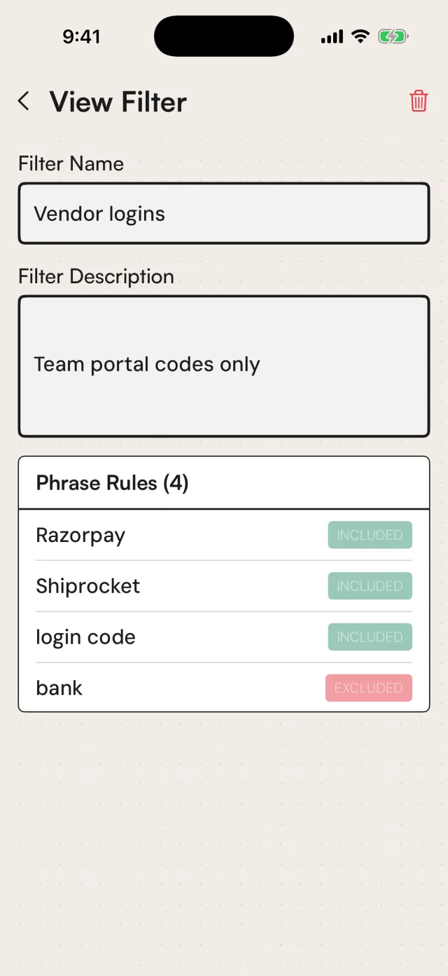 A filter named Vendor logins that includes Razorpay, Shiprocket and login code, and excludes bank