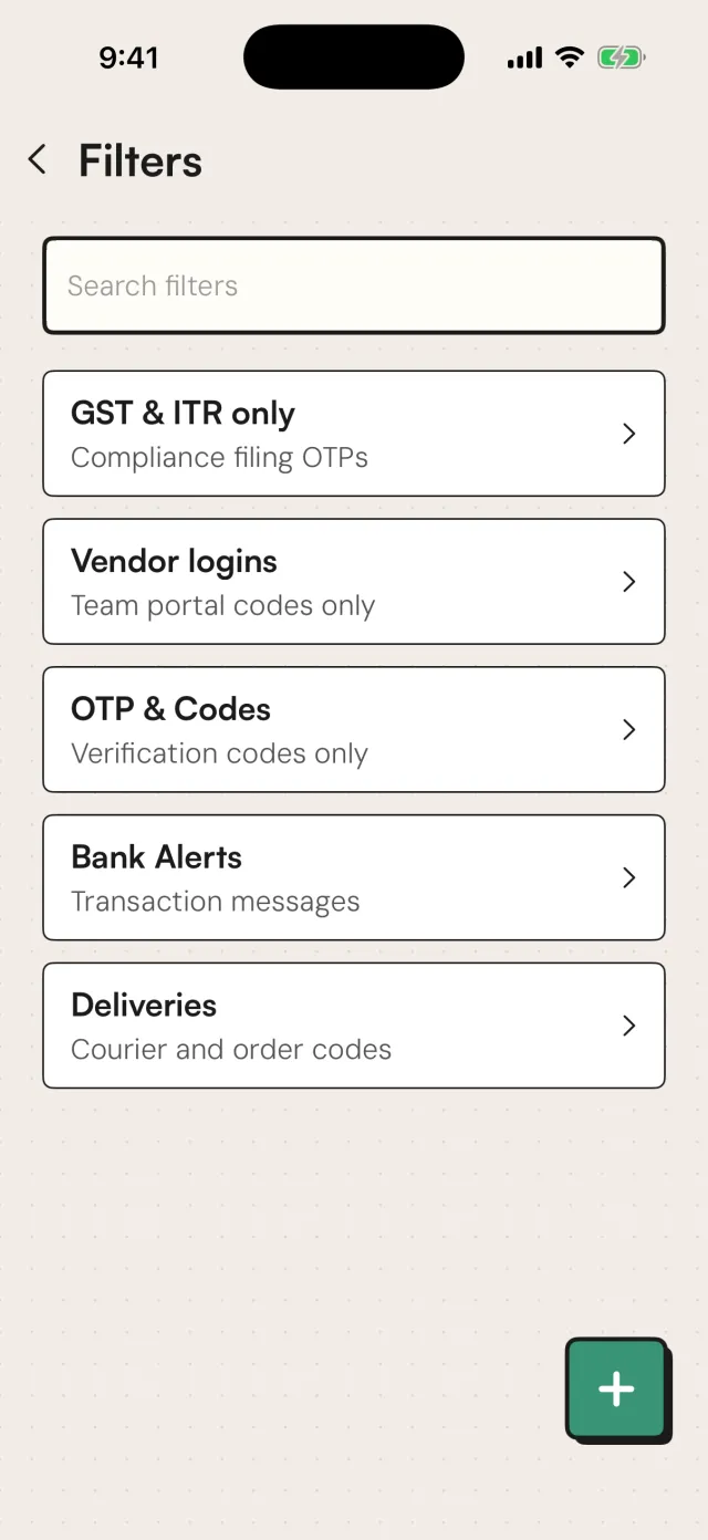 The filters list: GST and ITR only, Vendor logins, OTP and Codes, Bank Alerts and Deliveries