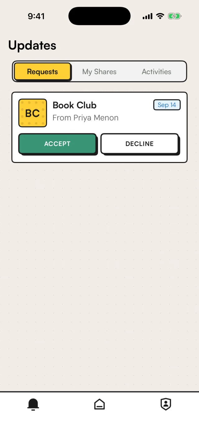 An invite to the Book Club circle from Priya Menon, with Accept and Decline buttons