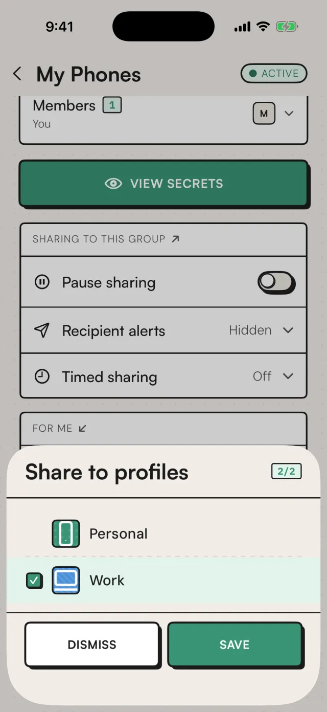 Share to profiles sheet with the Personal and Work profiles selected