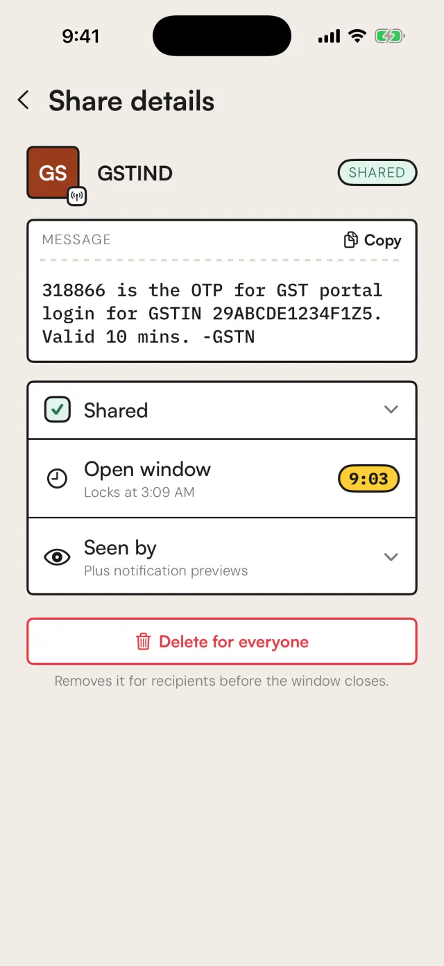 Share details for a GST portal OTP with the open window timer and a Delete for everyone button