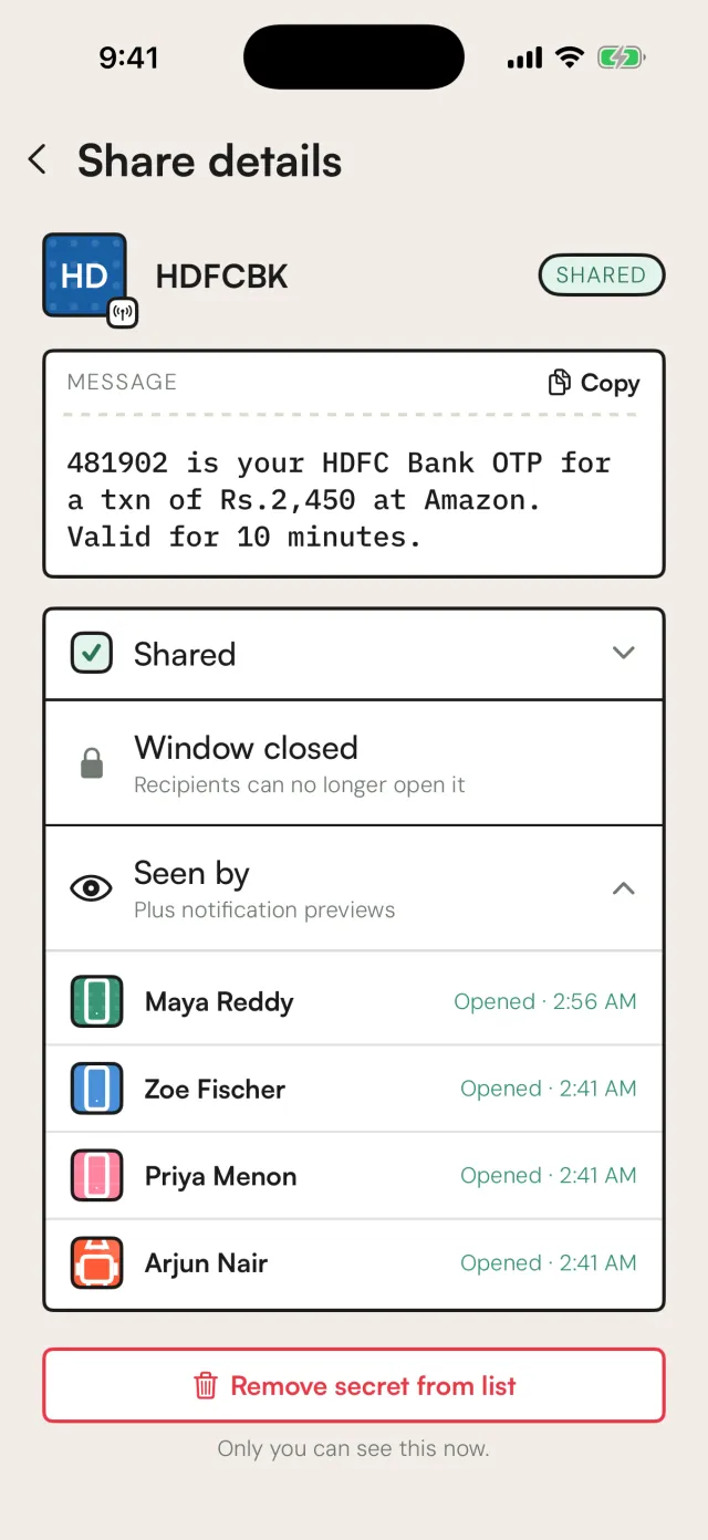 Share details for an HDFC Bank OTP, seen by Maya, Zoe, Priya and Arjun with the time each opened it